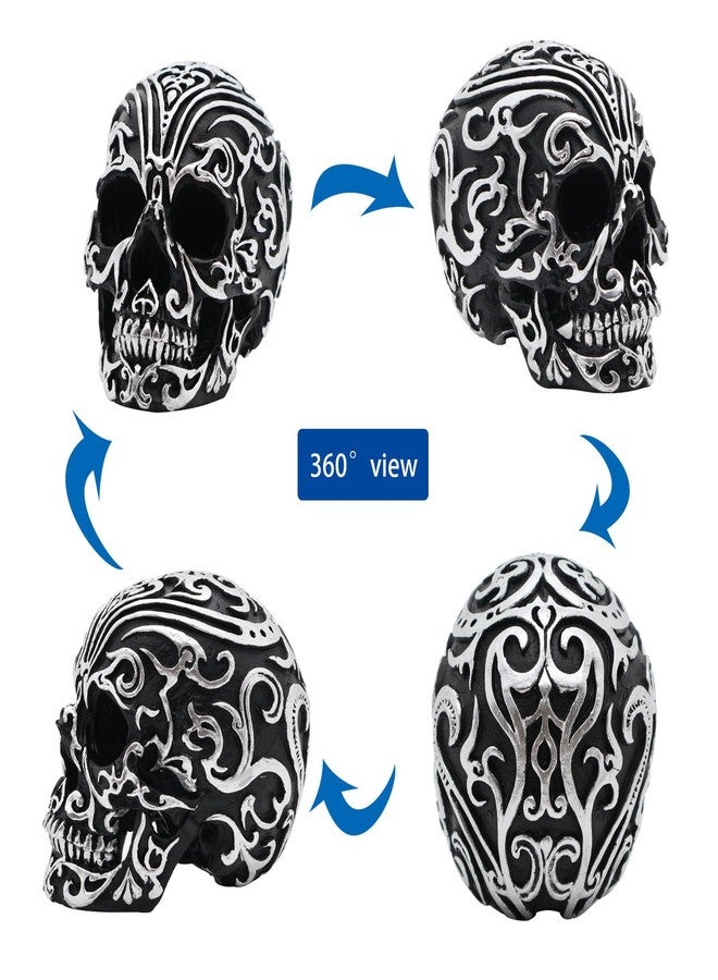 CHDL Realistic Resin Skull Head - 5.2 Inch Gothic Skeleton Skull Decor with Silver Patterns, Halloween Skull Decoration for Home, Office Desk, and Spooky Party Decor - Image 2